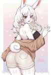  anthro bottomwear breasts choker clothed clothing curled_tail female fully_clothed fur hair jewelry kemono lagomorph leporid long_ears looking_at_viewer looking_back looking_back_at_viewer magu_mm_0824 mammal necklace rabbit rear_view red_eyes shorts solo standing tail white_body white_fur white_hair 