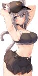  1girl absurdres animal_ear_fluff animal_ears armpits arms_up baseball_cap black_skirt blue_eyes breasts cat_ears cat_girl cat_tail cleavage closed_mouth commission crop_top grey_fur grey_hair hat highres jun_(aousa0328) looking_at_viewer medium_hair navel original simple_background skeb_commission skirt solo tail white_background 