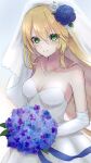  1girl blazblue blonde_hair blue_flower blush bouquet breasts bridal_veil cleavage dress flower gloves green_eyes hair_flower hair_ornament highres holding holding_bouquet jewelry long_hair necklace noel_vermillion simple_background small_breasts smile solo uni_(wzzm4375) upper_body veil wedding_dress white_background white_dress white_gloves 