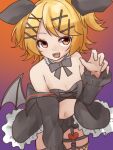  1girl animal_ears bare_shoulders bat_costume bat_ears bat_wings black_bow black_garter_belt black_jacket blonde_hair bow bow_choker breasts claw_pose collared_jacket eshe_mr fake_animal_ears fangs fishnet_pantyhose fishnets frilled_jacket frills garter_belt hair_ornament hairclip halloween halloween_costume highres jacket kagamine_rin light_blush lingerie midriff mini_wings off_shoulder pantyhose red_eyes small_breasts swept_bangs thighhighs underwear vocaloid wings 