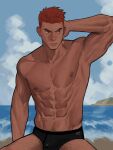  1boy abs absurdres arm_behind_head armpits bara beach black_male_swimwear edeued_(dpemrmfla) frown highres large_pectorals leg_hair long_sideburns looking_to_the_side male_focus male_swimwear muscular muscular_male navel_hair nipples original pectorals red_hair revision short_hair sideburns solo stomach swim_briefs thick_eyebrows topless_male veins veiny_arms 