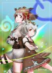  2girls absurdres aburaeoyaji back-to-back bird_girl bird_tail bird_wings blonde_hair blouse blurry blurry_background bow brown_eyes brown_hair corset cowboy_shot crossed_arms dress eurasian_eagle_owl_(kemono_friends) eyelashes frilled_dress frilled_shirt_collar frills gloves goggles goggles_on_head grey_hair hair_between_eyes hair_bow head_wings height_difference highres kemono_friends layered_sleeves lips long_sleeves looking_at_another looking_down looking_up medium_hair multicolored_hair multiple_girls northern_white-faced_owl_(kemono_friends) official_alternate_costume owl_ears shirt short_dress shorts smile tail twitter_username wing_collar wings 