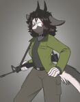  2023 absurd_res anthro assault_rifle belt black_body black_clothing black_fur black_hair black_shirt black_topwear bottomwear chabett clothing collar dragon female fur furred_dragon gun hair hi_res horn jacket looking_at_viewer m16 pants ranged_weapon red_eyes rifle shirt short_hair solo topwear vizelius weapon white_body white_fur wingless_dragon 