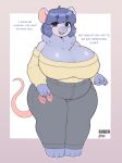  2023 anthro belly big_belly big_breasts biped blue_body blue_eyes blue_fur blue_hair bottomwear breasts claws cleavage clothed clothing digital_drawing_(artwork) digital_media_(artwork) english_text eyelashes facial_markings female fur grey_body grey_clothing grey_ears grey_fur hair head_markings heterochromia hi_res holding_doughnut huge_breasts looking_at_viewer mammal markings mouse murid murine neck_tuft open_mouth pants paws pink_ears pink_tail pom_(suger_phox) purple_eyes rodent slightly_chubby solo suger_phox tail tan_clothing teeth text thick_thighs topwear tuft watermark wide_hips 