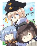  3girls ? azur_lane bismarck_(azur_lane) black_hair blonde_hair blue_eyes blue_hair coat commentary_request cross crossover fur-trimmed_coat fur_trim hair_between_eyes hat iron_cross japanese_clothes kaga_(kancolle) kantai_collection long_hair long_sleeves looking_at_viewer multiple_girls parted_lips peaked_cap side_ponytail sidelocks signature taisa_(kari) tasuki triangle_mouth twintails twitter_username u-556_(azur_lane) wide_sleeves 