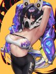  1girl absurdres arm_up armpits bandeau black_hair black_pants breasts cleavage collarbone gloomyowl goddess_of_victory:_nikke hair_between_eyes headgear high-waist_pants high_ponytail highres jacket large_breasts leggings long_hair looking_at_viewer mask mouth_mask navel open_clothes open_jacket pants purple_eyes purple_jacket sin_(nikke) solo standing stomach strapless thighs tube_top yoga_pants 