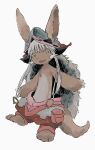  1girl :3 animal_ears animal_feet body_fur brown_fur ears_through_headwear full_body furry furry_female green_eyes helmet highres kebe6p looking_at_viewer made_in_abyss multicolored_pants nanachi_(made_in_abyss) open_mouth pants raised_eyebrows red_pants short_hair_with_long_locks simple_background smile solo standing standing_on_one_leg tail tareme whiskers white_background white_hair white_pants 