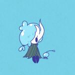  1other alternate_form black_eyes black_skin blank_eyes blue_background blue_theme broken_vessel_(hollow_knight) bug cloak colored_skin commentary full_body green_cloak hair_tie hollow_knight lifeseed_(hollow_knight) other_focus sakana_2-gou simple_background sitting solo 