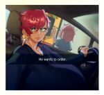  1boy 1girl breasts car_interior child cross cross_earrings drive-thru earrings eigaka english_text frown gigantic_breasts green_eyes he_wants_to_order_(meme) jewelry meme original pointing red_hair selfie short_hair snapchat 