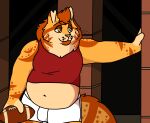 2020 anthro ball belly boxers_(clothing) cel_shading clothed clothing digital_drawing_(artwork) digital_media_(artwork) domestic_cat felid feline felis football_(object) fur hair half-closed_eyes half-length_portrait hi_res holding_ball holding_object leaning_on_wall leonidas_(catchiatore) male mammal midriff narrowed_eyes navel notched_ear orange_body orange_eyes orange_fur overweight overweight_anthro overweight_male pink_nose portrait red_clothing red_shirt red_tank_top red_topwear sebdoggo shaded shirt smile solo tail tan_body tan_fur tank_top topwear underwear whiskers white_boxers white_clothing white_underwear 