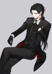  1boy black_gloves black_hair black_jacket black_necktie black_pants black_vest brown_eyes closed_mouth commentary_request crossed_legs earrings formal from_above gloves highres jacket jewelry long_hair looking_away male_focus mochizuki_shiina necktie open_clothes open_jacket original pants parted_bangs sitting solo suit very_long_hair vest 