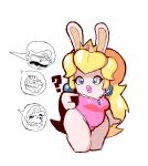  2022 anthro being_watched blonde_hair bowser breasts clothing crossover crown ear_piercing eks-out female hair headgear hi_res lagomorph leotard lipstick long_hair looking_at_another luigi makeup male mammal mario mario_bros mario_plus_rabbids_kingdom_battle nintendo open_mouth pictographics piercing question_mark rabbid rabbid_peach raving_rabbids rayman_(series) simple_background speech_bubble ubisoft white_background 