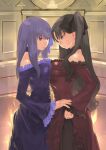  2girls asymmetrical_docking bare_shoulders breast_envy breast_press breasts brown_hair choker cleavage commentary_request dress evening_gown fate/hollow_ataraxia fate/stay_night fate_(series) formal highres large_breasts long_hair matou_sakura multiple_girls okazaki_takeshi older_edelfelt_sister_(fate) purple_hair siblings sisters smile strapless strapless_dress tohsaka_rin two_side_up younger_edelfelt_sister_(fate) 