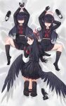  3girls absurdres armband bar_censor bed_sheet beret black_footwear black_gloves black_hair black_headwear black_sailor_collar black_serafuku black_socks black_wings blue_archive blush censored chuck_(harfmoondark) closed_mouth feathered_wings futanari gloves grey_eyes hair_over_eyes halo hat highres ichika_(blue_archive) justice_task_force_member_(blue_archive) kneehighs long_hair long_sleeves low_wings multiple_girls navel neckerchief paid_reward_available penis red_armband red_eyes red_halo red_neckerchief sailor_collar school_uniform serafuku shoes smile socks unworn_shoes wings 