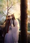  2boys ^_^ artist_name bishounen black_footwear black_robe blush boots brown_eyes chinese_clothes closed_eyes closed_mouth commentary day english_commentary eyelashes grin hair_bun hair_ornament hair_ribbon hanfu headband high_ponytail highres holding_rabbit lan_wangji long_hair long_sleeves looking_at_another male_focus mixed-language_commentary modao_zushi multiple_boys outdoors parted_bangs pillar ponytail profile rabbit railing raineemeow red_ribbon ribbon robe sidelocks single_hair_bun sitting smile sunlight teeth tree twitter_username very_long_hair wei_wuxian white_headband white_rabbit_(animal) white_robe wide_sleeves xiao_guan_(headdress) yaoi 