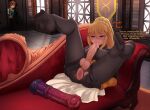  1boy 1girl anus autofellatio blonde_hair blue_eyes breasts brown_hair commission couch covered_nipples darkness_(konosuba) dildo english_text feet fellatio futanari hair_ornament horse_dildo indoors kono_subarashii_sekai_ni_shukufuku_wo! large_breasts long_hair masturbation on_couch open_mouth oral pantyhose penis penis_out ponytail saliva satou_kazuma seraziel sex_toy smile soles testicles toes torn_clothes torn_pantyhose voyeurism x_hair_ornament 