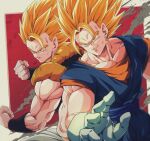  2boys back-to-back biceps blonde_hair blue_sash border bure_(fantasticyouth7) clenched_hands closed_mouth commentary_request dougi dragon_ball dragon_ball_z earrings frown gloves gogeta green_eyes hand_up highres jewelry looking_away male_focus metamoran_vest multiple_boys muscular muscular_male orange_shirt outside_border pants parted_lips potara_earrings red_background sash serious shirt short_sleeves simple_background spiked_hair super_saiyan super_saiyan_1 v-shaped_eyebrows vegetto vest white_border white_gloves white_pants 