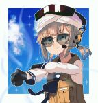  1other absurdres alternate_costume aviator_sunglasses black_gloves blonde_hair blue_sailor_collar blue_sky border cloud fate/grand_order fate_(series) gloves green_eyes headset highres holding_own_arm long_sleeves marine_nemo_(fate) microphone nemo_(fate) official_alternate_costume sailor_collar sailor_shirt shikaku_nemo shirt sky smile solo sparkle sparkling_eyes sunglasses turban vest white_border white_headwear 