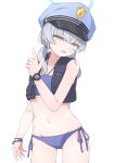  1girl absurdres alternate_costume bikini blue_archive breasts bulletproof_vest collarbone commentary_request grey_hair halo hat highres kn27 navel open_mouth police police_hat police_uniform policewoman small_breasts solo swimsuit uniform valkyrie_police_academy_student watch wristwatch yellow_eyes 