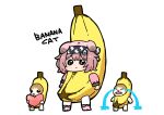  1girl animal_ears arknights banana_costume black_hairband cat cat_ears cat_girl chibi crying dog-san english_text fangs floppy_ears full_body goldenglow_(arknights) hairband heart highres lightning_bolt_print long_sleeves meme open_mouth pink_hair print_hairband simple_background streaming_tears tears white_background 