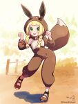  1girl blonde_hair blunt_bangs blush braid brown_footwear clenched_hands commentary_request cosplay day eevee_ears eevee_tail eyelashes full_body green_eyes hands_up highres kinocopro lillie_(pokemon) long_hair onesie open_mouth outdoors paw_pose poke_kid_(pokemon) poke_kid_(pokemon)_(cosplay) pokemon pokemon_(game) pokemon_sm pokemon_swsh shoes solo standing teeth tongue twin_braids twitter_username upper_teeth_only 