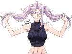  1girl :p ahoge alternate_hairstyle armpits artist_name baron_(varon666) black_sweater bow breasts cropped_sweater earrings hair_between_eyes hair_bow highres holding holding_hair jewelry kamen_rider kamen_rider_w large_breasts long_hair navel pink_bow purple_eyes purple_hair ribbed_sweater shiny_skin simple_background single_earring single_sidelock sleeveless sleeveless_sweater solo stomach sweater tokime_(fuuto_tantei) tongue tongue_out turtleneck turtleneck_sweater twintails upper_body very_long_hair white_background 