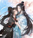  2boys artist_name bishounen black_hair blue_sash blue_sky blush branch brown_eyes cherry_blossoms chinese_clothes closed_mouth commentary_request dated day expressionless flower hair_between_eyes hair_bun hair_ribbon hands_up hanfu headband high_ponytail holding_another&#039;s_wrist lan_wangji lens_flare light_particles long_hair long_sleeves looking_at_another male_focus modao_zushi mouth_hold multiple_boys muse_(rainforest) outdoors parted_bangs petals pink_flower ponytail red_eyes red_ribbon ribbon robe sash short_sleeves sidelocks single_hair_bun sky smile standing tassel tree twitter_username very_long_hair watermark wei_wuxian white_headband white_ribbon white_robe white_sash wide_sleeves xiao_guan_(headdress) yaoi 