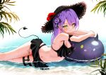  1girl absurdres alternate_costume arm_rest asymmetrical_hair beach bibi_(tokoyami_towa) bikini bikini_skirt black_bikini black_headwear blush braid breasts cleavage closed_mouth commentary cross cross_earrings crossed_arms demon_tail ear_piercing earrings eyelashes feet_out_of_frame flower french_braid frilled_bikini frills green_eyes hair_bun hat hat_flower heart_o-ring highres hololive inflatable_toy jewelry leg_tattoo long_hair looking_at_viewer lying multicolored_hair navel ocean on_side parted_bangs partially_submerged piercing pink_hair purple_hair simple_background single_side_bun small_breasts smile solo stomach straw_hat swimsuit tail tail_ornament tail_piercing tattoo thigh_strap tokoyami_towa totuoooo1015 two-tone_hair virtual_youtuber wet white_background 