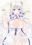  1girl azur_lane blue_eyes breasts bursting_breasts china_dress chinese_clothes cleavage dress folded_fan folding_fan garter_straps hand_fan highres holding holding_fan illustrious_(azur_lane) illustrious_(maiden_lily&#039;s_radiance)_(azur_lane) large_breasts long_hair looking_at_viewer marker_(medium) mimi_(mini1474) mole mole_under_eye official_alternate_costume short_sleeves skindentation solo traditional_media tri_tails very_long_hair white_dress white_garter_straps white_hair 