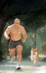  1boy animal artist_name bald black_shorts closed_eyes day dog exercise facial_hair glasses highres large_pectorals male_focus muscular muscular_male navel nipples open_mouth original outdoors pectorals running shorts smile thick_eyebrows thick_thighs thighs topless_male youtian_(youtiange) 