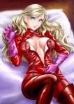  1girl albyee blonde_hair blue_eyes bodysuit breasts claw_pose commission english_commentary gloves hair_down hair_ornament hairclip hand_up long_hair lying medium_breasts on_back parted_lips persona persona_5 pink_gloves red_bodysuit simple_background solo takamaki_anne unzipping wavy_hair white_background zipper zipper_pull_tab 