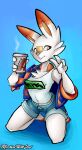  2019 anthro beverage biped blue_bottomwear blue_clothing blue_shorts bottomwear breasts brown_markings buckteeth cheek_tuft chest_tuft clothed clothing coffee dipstick_ears english_text facial_markings facial_tuft female front_view generation_8_pokemon gesture green_eyes head_markings hi_res holding_beverage holding_object jacket kneeling looking_aside machinewithsoul markings multicolored_ears nintendo pink_nose pokemon pokemon_(species) scorbunny shirt shorts simple_background small_breasts smile solo steam tank_top teeth text text_on_container toeless_(marking) topwear tuft v_sign white_body white_clothing white_shirt white_tank_top white_topwear 