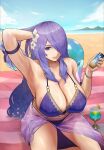  1girl arm_behind_head armpits beach bikini blue_sky breasts camilla_(fire_emblem) camilla_(summer)_(fire_emblem) cleavage cloud day fire_emblem fire_emblem_fates fire_emblem_heroes flower hair_flower hair_ornament hair_over_one_eye highres large_breasts lips long_hair looking_at_viewer lotion mixed-language_commentary official_alternate_costume one_eye_covered outdoors pink_lips purple_bikini purple_eyes purple_hair purple_sarong ryry_(ryrypeko) sarong see-through sitting sky solo sunscreen swimsuit very_long_hair white_flower 