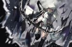  1girl absurdres animal_ear_fluff animal_ears ao_oni_(onioni-aoi) arknights arm_up arrow_(projectile) belt black_gloves black_thighhighs blurry bow_(weapon) bright_pupils closed_mouth commentary_request compound_bow elbow_gloves gloves glowing glowing_eyes grey_belt grey_hair grey_jacket grey_shorts grey_tail high_collar highres holding holding_arrow holding_bow_(weapon) holding_weapon horse_ears horse_girl horse_tail jacket leg_up light_particles long_hair orange_eyes platinum_(arknights) quiver serious shorts sidelocks solo standing standing_on_one_leg tail thighhighs unzipped weapon white_pupils wide_shot zipper 