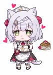  1248165736 1girl animal_ears animal_hands apron ascot blunt_bangs braid braided_bangs cat_ears cat_paws cat_tail chibi flower food full_body genshin_impact green_eyes grey_hair hair_flower hair_ornament heart highres looking_at_viewer maid maid_apron maid_headdress noelle_(genshin_impact) open_mouth red_ascot red_flower red_rose rose short_hair solo tail white_background 