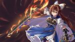  1girl belt black_gloves blue_cape blue_dress breasts brown_eyes brown_hair cape dress facial_mark fire frills gem gloves hair_between_eyes hair_ornament hair_ribbon highres hiyamastar holding holding_sword holding_weapon large_breasts long_hair looking_at_viewer maisha_laforge puffy_sleeves ribbon shadowverse smile solo swept_bangs sword thighhighs weapon 