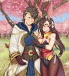  1boy 1girl animal_ears breasts brown_hair cherry_blossoms cleavage commission couple english_commentary fake_animal_ears fire_emblem fire_emblem_fates fire_emblem_heroes hetero hiomaika kagero_(fire_emblem) kagero_(spring)_(fire_emblem) kiran_(fire_emblem) kiran_(male)_(fire_emblem) large_breasts official_alternate_costume playboy_bunny rabbit_ears 
