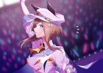  1girl animal_ears arm_up ascot blue_eyes blurry blurry_background breasts brown_hair cape cheval_grand_(umamusume) collared_shirt concert gloves hat hat_belt horse_ears jacket long_hair long_sleeves looking_at_viewer medium_breasts motion_lines multicolored_hair notice_lines open_mouth renma_(renma_0503) shirt sideways_glance sideways_mouth solo streaked_hair sweat twitter_username umamusume upper_body watermark white_gloves white_headwear white_jacket yellow_ascot 