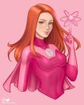  1girl artist_name atom atom_eve breasts cape clayton_richman covered_navel cropped_torso green_eyes highres index_finger_raised instagram_logo invincible_(series) long_hair looking_at_viewer medium_breasts orange_hair pink_background pink_cape pink_theme shadow simple_background smile solo superhero taut_clothes twitter_logo 