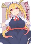  1girl apron black_apron blonde_hair border breasts closed_mouth commentary_request cool-kyou_shinja dragon_girl dragon_horns elbow_gloves fang fang_out gloves hair_between_eyes head_tilt highres horns kobayashi-san_chi_no_maidragon large_breasts long_hair looking_at_viewer maid maid_day maid_headdress multicolored_hair neckerchief official_art orange_hair outstretched_arms puffy_short_sleeves puffy_sleeves red_eyes red_neckerchief shirt short_sleeves simple_background slit_pupils smile solo tohru_(maidragon) twintails two-tone_hair very_long_hair white_border white_gloves white_shirt 