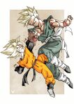  2boys black_shirt blonde_hair character_request dragon_ball fighting full_body green_eyes green_jumpsuit highres jumpsuit kakeru_(dbskakeru) multiple_boys orange_jumpsuit shirt shoes simple_background sleeveless spiked_hair toriyama_akira_(style) 