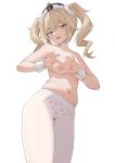  1girl :d absurdres arched_back bangs barbara_(genshin_impact) blonde_hair blue_eyes breasts choker collarbone contrapposto forced_smile genshin_impact hair_ribbon heart heart-shaped_boob_challenge heart_print highres ke&#039;ai_qu_qu looking_at_viewer medium_breasts navel nipples panties panties_under_pantyhose pantyhose print_panties ribbon smile solo tears teeth topless twintails underwear upper_teeth_only white_background white_choker white_headwear white_panties white_pantyhose white_ribbon 