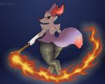  ambiguous_gender big_butt braixen butt fire generation_6_pokemon hi_res looking_at_viewer looking_back looking_back_at_viewer magic nintendo pokemon pokemon_(species) shiny_pokemon silvrsterlng solo stick thick_thighs wand 