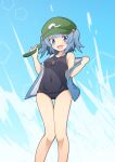  1girl :d black_one-piece_swimsuit blue_background blue_hair blue_pupils commentary covered_navel cucumber feet_out_of_frame food green_headwear hair_bobbles hair_ornament hat hekkmushi highres holding holding_food jewelry kawashiro_nitori key looking_at_viewer mob_cap one-piece_swimsuit open_mouth pendant smile solo swimsuit touhou two_side_up 
