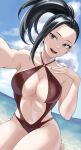  1girl :d absurdres asymmetrical_hair beach black_hair boku_no_hero_academia breasts cleavage cloud collarbone day fengling_(furin-jp) grey_eyes groin hand_up highres kneeling long_hair looking_at_viewer navel o-ring o-ring_swimsuit one-piece_swimsuit open_mouth outstretched_arm ponytail red_one-piece_swimsuit sky smile solo stomach swimsuit thighs yaoyorozu_momo 