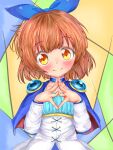  1girl arle_nadja armor blue_cape blue_ribbon blush breastplate brown_hair cape detached_sleeves highres looking_at_viewer madou_monogatari multicolored_background own_hands_together pennta-0209 puyopuyo ribbon smile solo yellow_eyes 
