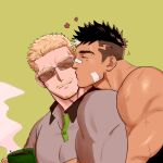  2boys bandaid bandaid_on_cheek bandaid_on_face bandaid_on_nose bara black_hair black_tank_top blonde_hair closed_eyes closed_mouth collared_shirt cup facial_hair fle0423 grey_shirt highres holding holding_cup kiss kissing_cheek large_pectorals looking_at_another male_focus multicolored_hair multiple_boys muscular muscular_male one_eye_closed original pectorals shirt short_hair smile sunglasses tank_top two-tone_hair undercut upper_body white_hair yaoi 