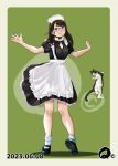  1girl black_dress black_footwear breasts cat cleavage dated dress green_background maid maid_headdress q98780409 short_sleeves simple_background socks solo standing white_socks 
