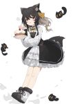  1girl :q absurdres animal_ear_fluff animal_ears ayaha_4780828 black_choker black_hair black_skirt black_vest boots borrowed_character cat_ears cat_girl cat_tail cherry choker cream cream_on_face dress food food_on_face fruit full_body fur-trimmed_boots fur_trim highres light_brown_hair long_hair multicolored_hair original overskirt plate simple_background skirt tail tongue tongue_out two-tone_hair vest white_background white_dress yellow_eyes 