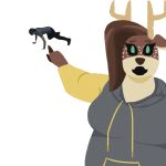  2023 alpha_channel animated anthro antlers black_sclera breakdancing breasts brown_body brown_hair clothing deer duo female gesture green_eyes hair hoodie horn human jerma985 male mammal markings meme missrockyqo open_mouth overweight overweight_female pointing pointing_at_another roxanne_(missrockyqo) simple_background spots spotted_markings topwear transparent_background 